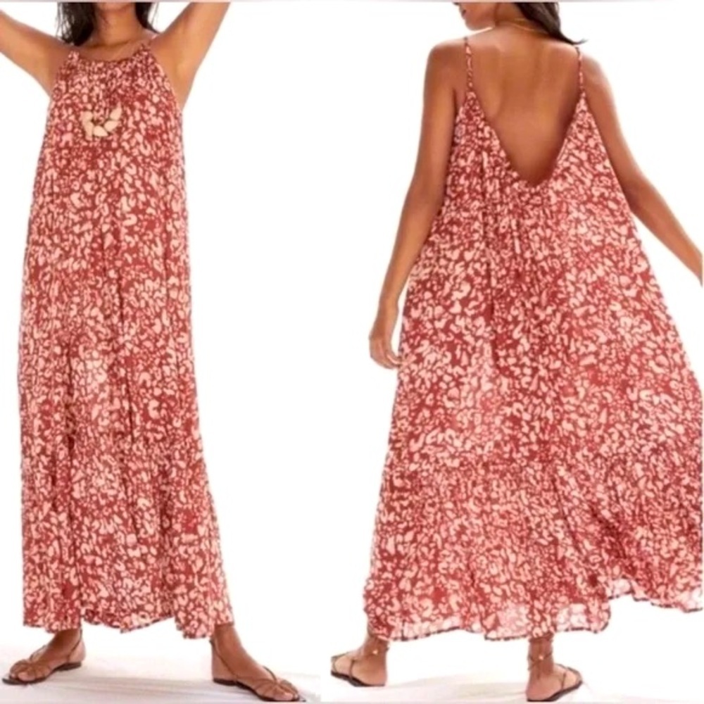 (T6) Anthropologie Ruffled Spaghetti Strap Maxi Dress with Low Back Red, Sz S
